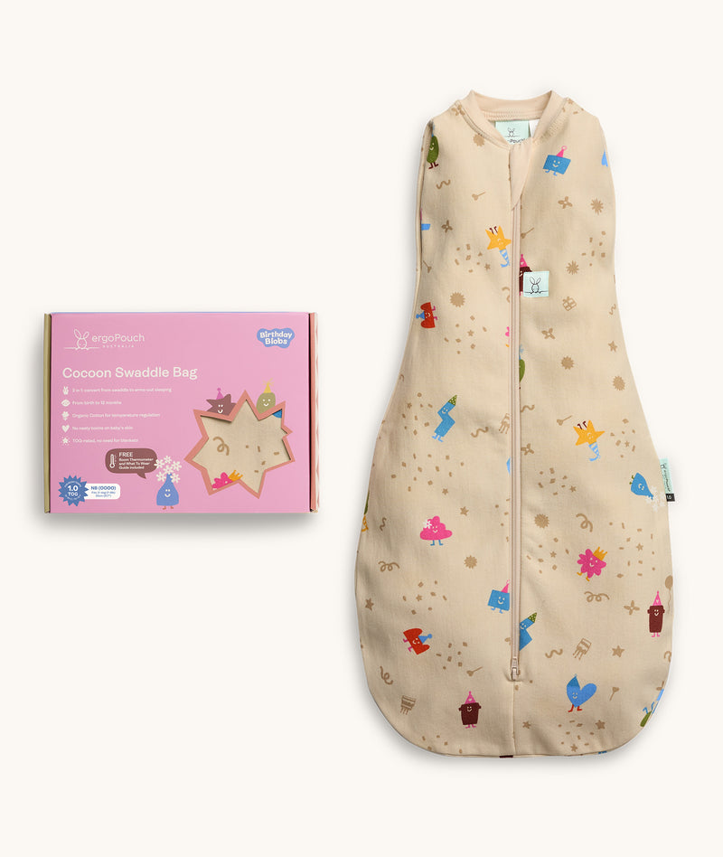 Packaging of the ergoPouch Cocoon Swaddle Bag 1.0 TOG Birthday Blobs