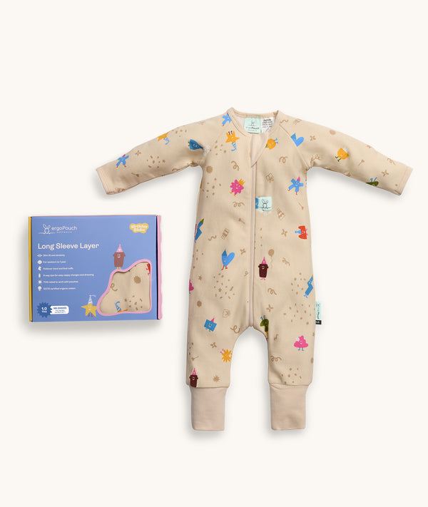 Packaging of the ergoPouch Long Sleeve Layer 1.0 TOG Birthday Blobs