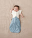 Baby wearing a blue ergoPouch cocoon swaddle paired with neutral colour butterfly cardi.