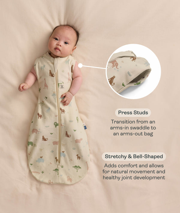 Baby lying on a cream-coloured blanket wearing a Cocoon Swaddle Bag with both arms out. On the right is a close-up inset and text highlighting press studs and a bell-shaped design.