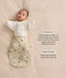 A baby wearing a Butterfly Cardi and safari-print Cocoon Swaddle Bag with text highlighting hands up sleeping using the Butterfly Cardi and wash and wear care.
