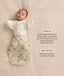 A baby wearing a Butterfly Cardi and safari-print Cocoon Swaddle Bag with text highlighting hands up sleeping using the Butterfly Cardi and wash and wear care.