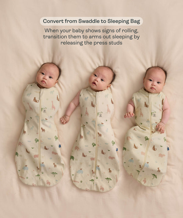 Three babies lying side by side demonstrating the conversion of a Cocoon Swaddle to a Sleeping Bag, progressing from both arms in, one arm out, to both arms out.