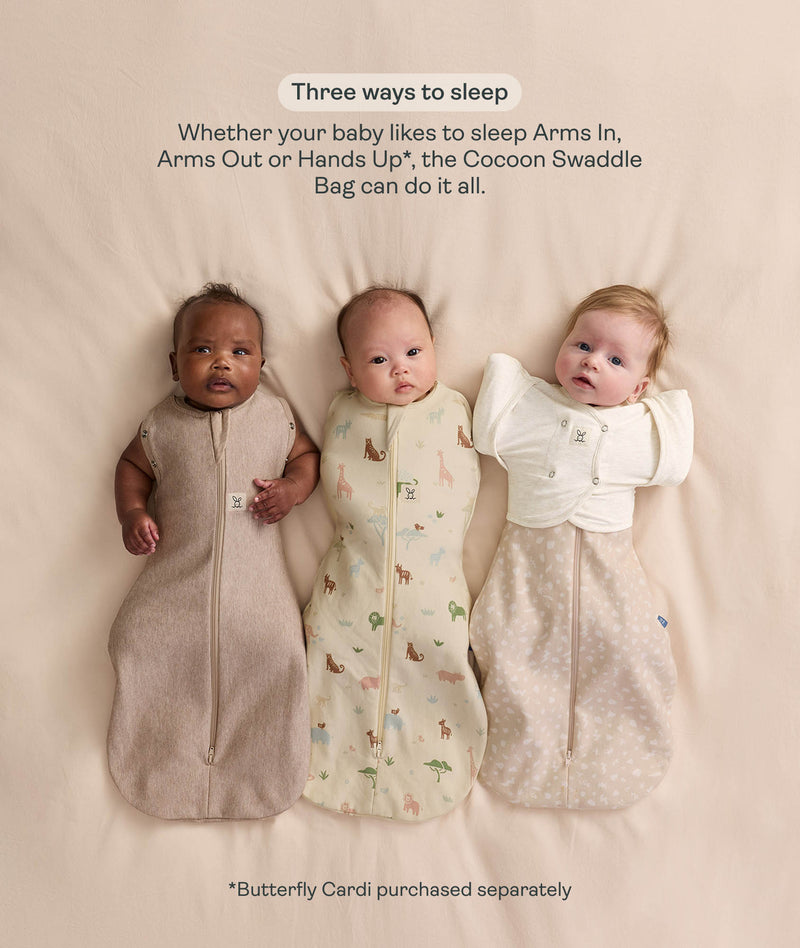 Three babies side by side showcasing three swaddle sleep options: Arms Out, Arms In, and Hands Up with a Butterfly Cardi.