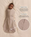 Baby swaddled in a Cocoon Swaddle Bag in Taupe Marle with callouts highlighting 