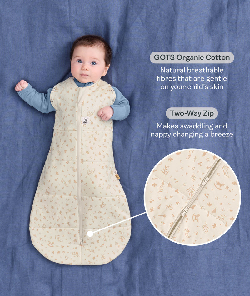 Product infographic showing a baby with both arms out in a Cocoon Swaddle Bag on a blue background, highlighting Organic Cotton and a Two-Way Zip feature with a close-up inset.