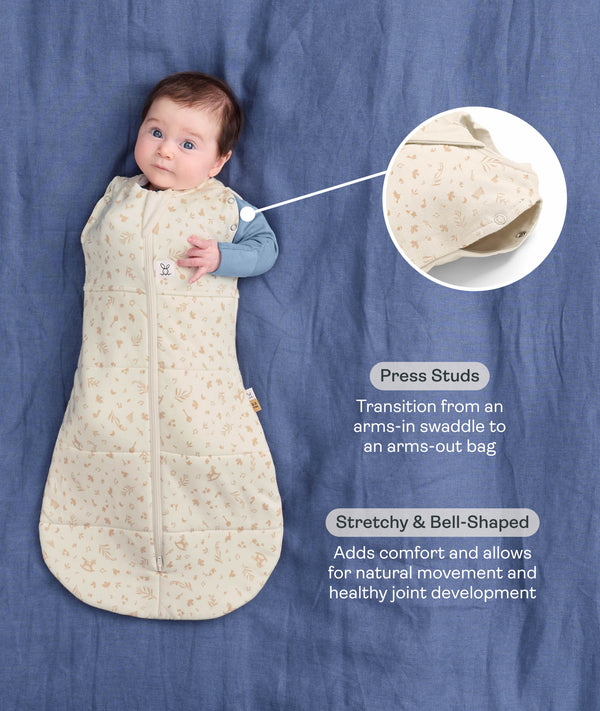 Product infographic showing a baby with one arm out in a Cocoon Swaddle Bag on a blue background, highlighting armhole press studs and a bell-shaped design.