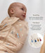 Smiling baby wrapped in a tan patterned Cocoon Swaddle Bag with text highlighting swaddling benefit and TOG rating feature.