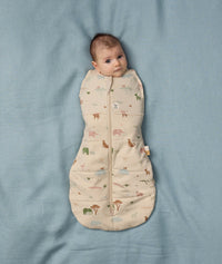 Baby is lying on a soft blue blanket, wearing ergoPouch 2.5 TOG Cocoon Swaddle Bag with its arms inside.
