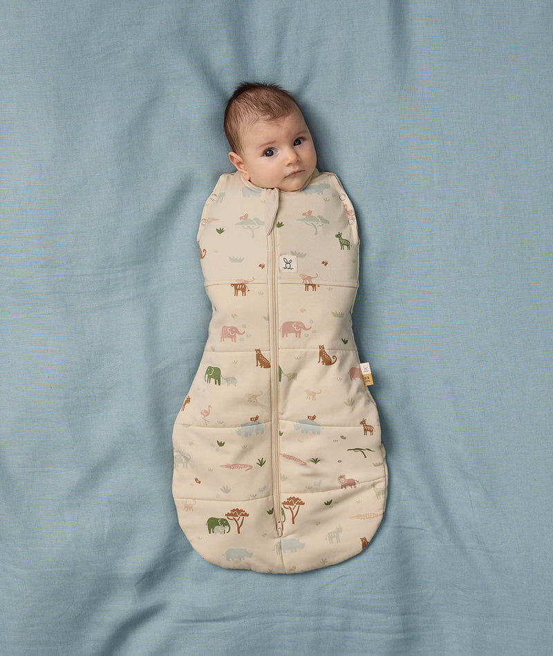 Baby is lying on a soft blue blanket, wearing ergoPouch 2.5 TOG Cocoon Swaddle Bag with its arms inside.