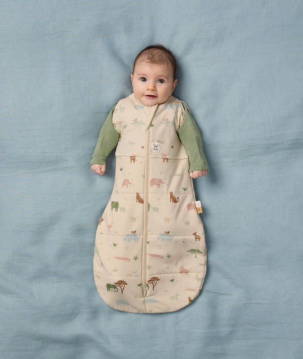 Baby lies on a soft blue blanket, wearing a Cocoon Swaddle Bag with its arms outside.