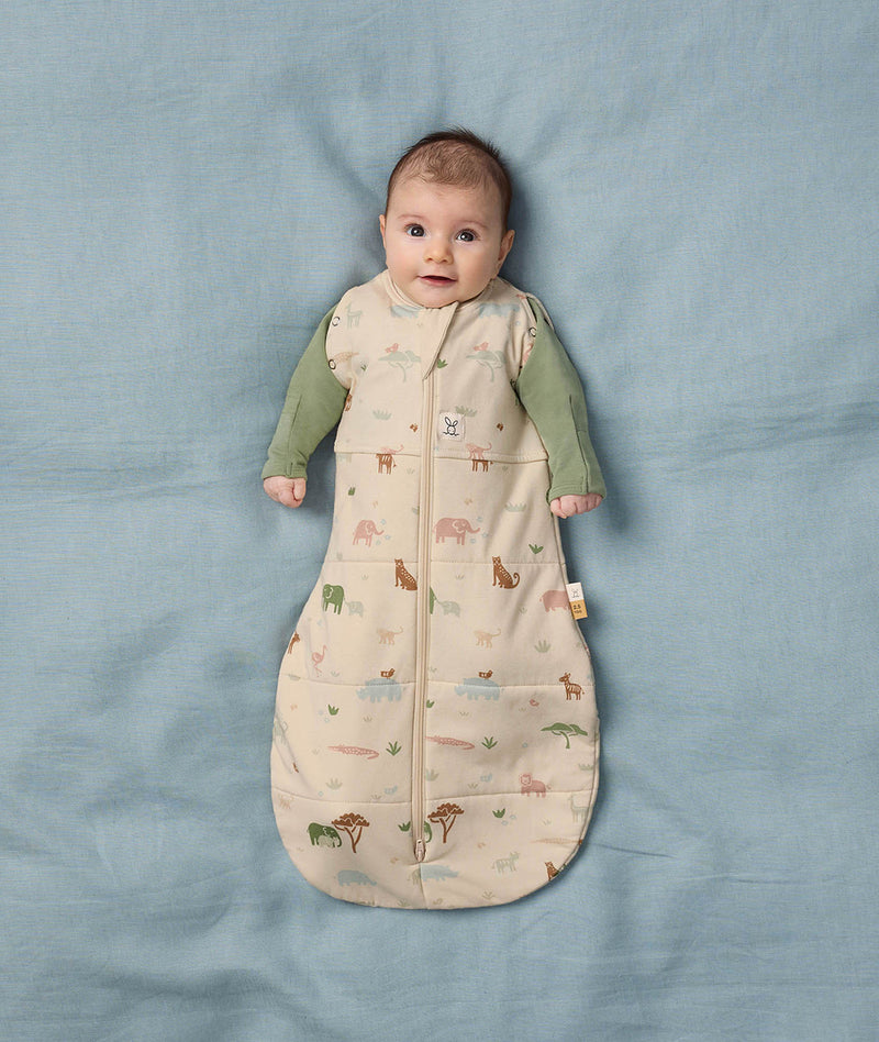 Baby lies on a soft blue blanket, wearing a Cocoon Swaddle Bag with its arms outside.