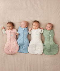 Four babies in ergoPouch Cocoon Swaddle Bag 2.5 TOG in their heritage colours Dasies, Dragonflies, Oatmeal Marle and Willow