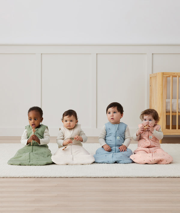 TOG-rated baby sleeping bags from ergoPouch, available in cute, seasonal prints, made from natural, breathable fibres.
