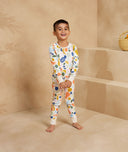 Preschooler wearing 2-piece ergoPouch Long Sleeve Pyjamas 1.0 TOG Fruit Salad