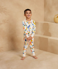 Preschooler wearing 2-piece ergoPouch Long Sleeve Pyjamas 1.0 TOG Fruit Salad