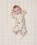 Baby lying on its back wearing ergoPouch Long Sleeve Layer 1.0 TOG in Bon Appetit