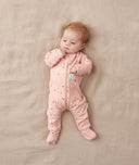 Newborn baby wearing an ergoPouch Long Sleeve Layer 1.0 TOG Daisies