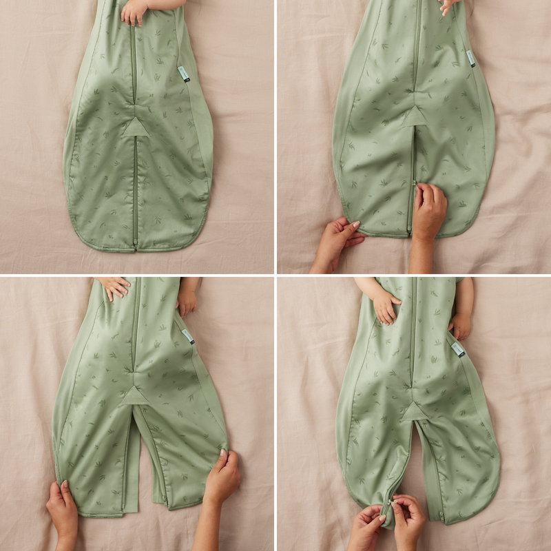 ergoPouch Sleep Suit Bag converting from a sleeping bagto a sleep suit with legs