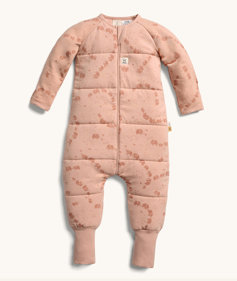 Product shot of ergoPouch Sleep Onesie 2.5 TOG Elephant Parade featuring a front zipper and a cozy, padded design.