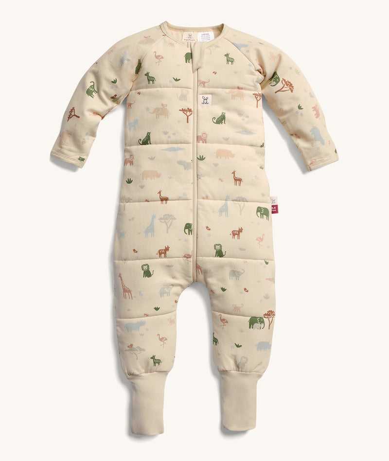 ergoPouch Sleep Onesie Savannah, featuring colourful safari animal prints.