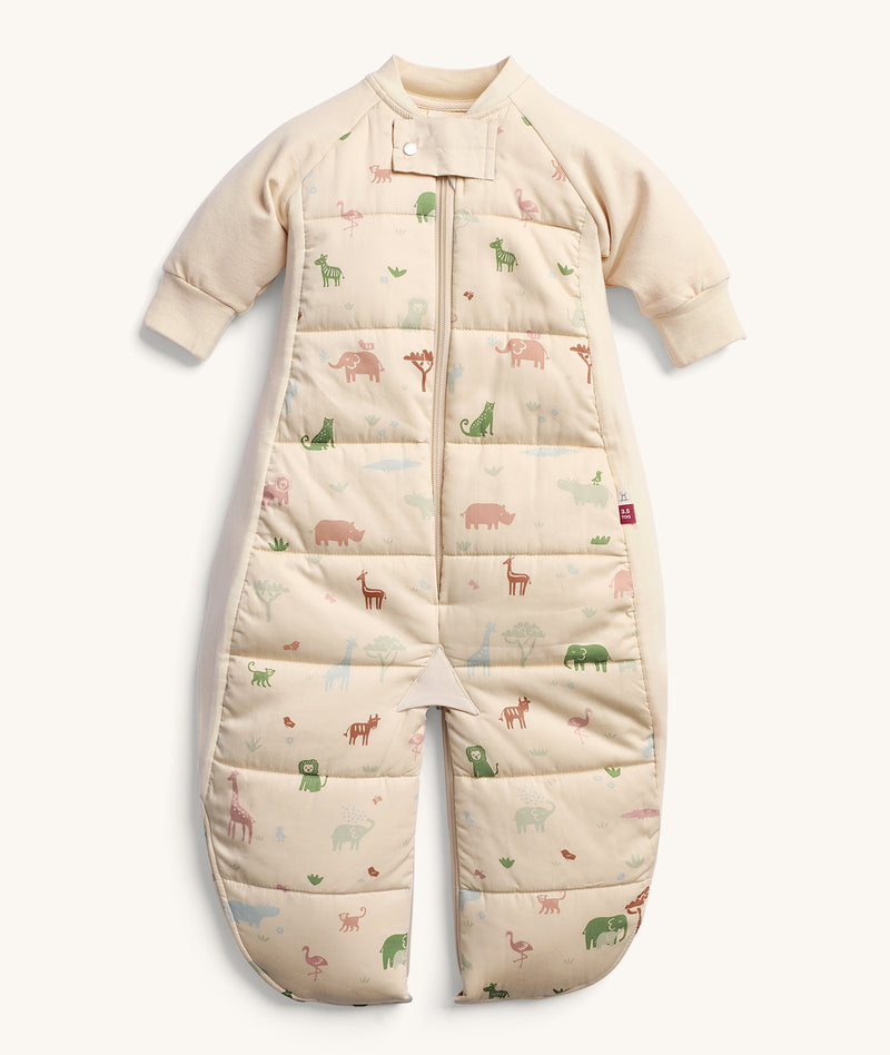 ErgoPouch Sleep Suit Bag Savannah in suit mode with legs, featuring animal prints and a padded design for a cozy, warm sleep.