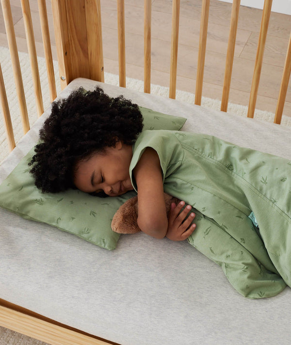 toddler asleep cuddling a teddy on a ergoPouch Organic Toddler Pillow Case Willow