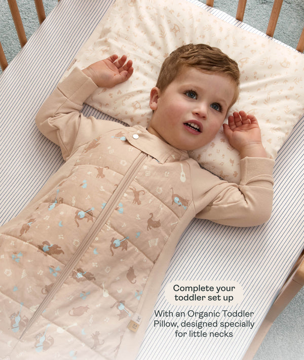Toddler wearing a beige patterned Sleep Suit Bag, resting his head on a small matching Organic Toddler Pillow in a cot. Text on the right reads: 
