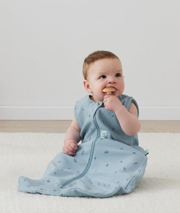 Infant sitting upright wearing a blue dragonfly-patterned sleeping bag
