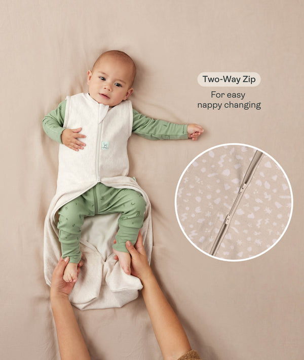 A baby lying down in a green long sleeve layer with an unzipped beige sleeping bag while adult hands hold their feet. Text highlighting 