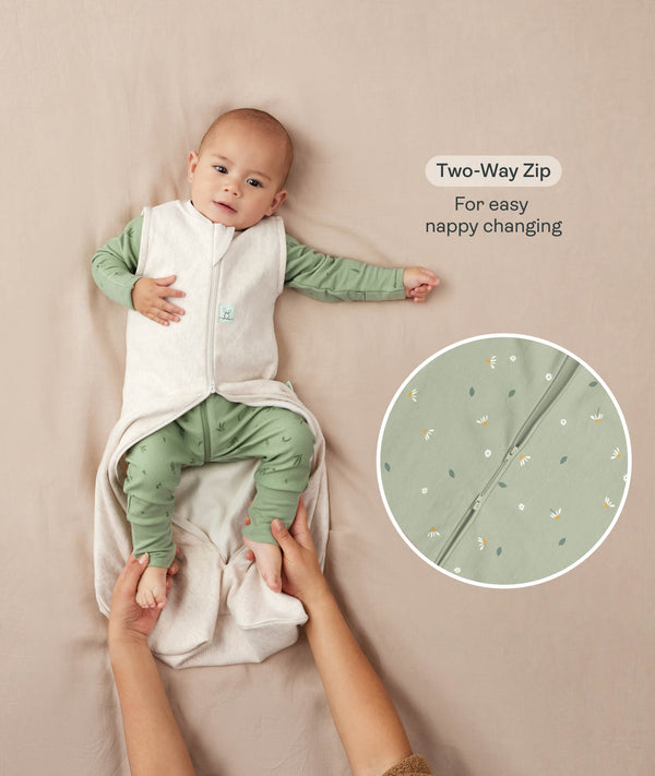 A baby lying down in a green long sleeve layer with an unzipped beige sleeping bag while adult hands hold their feet. Text highlighting 