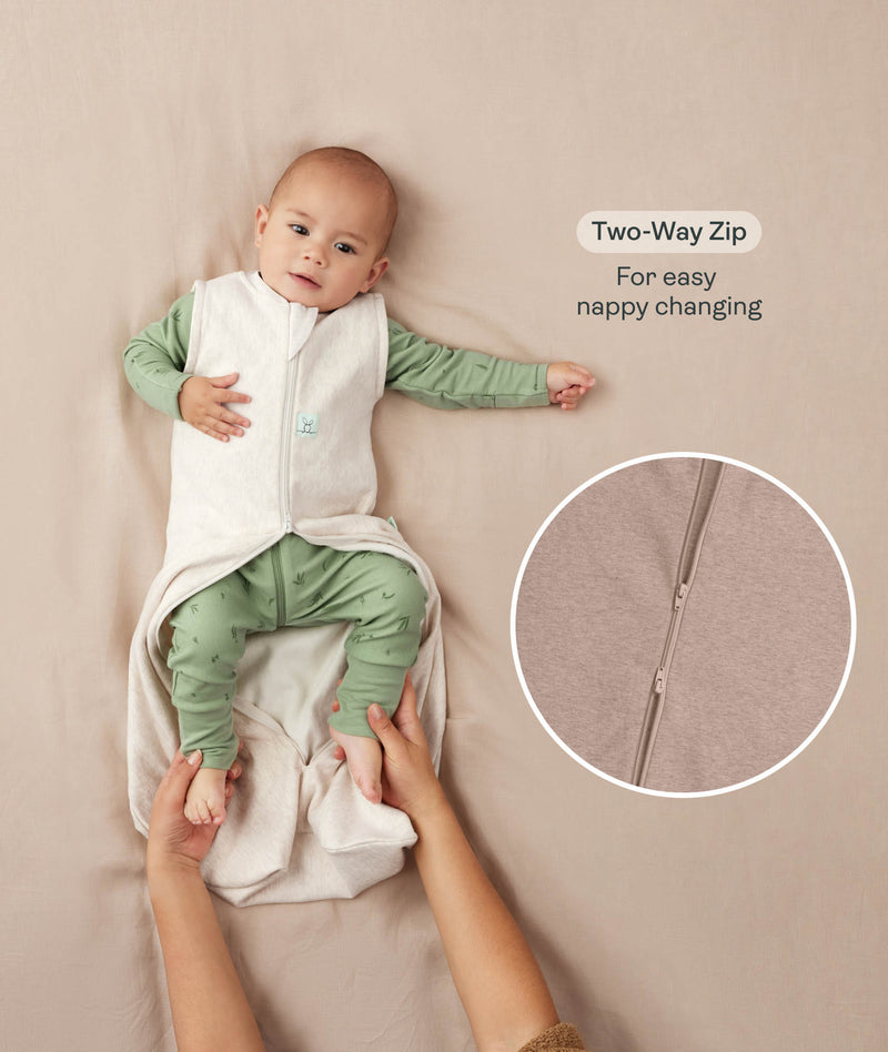 A baby lying down in a green long sleeve layer with an unzipped beige sleeping bag while adult hands hold their feet. Text highlighting 