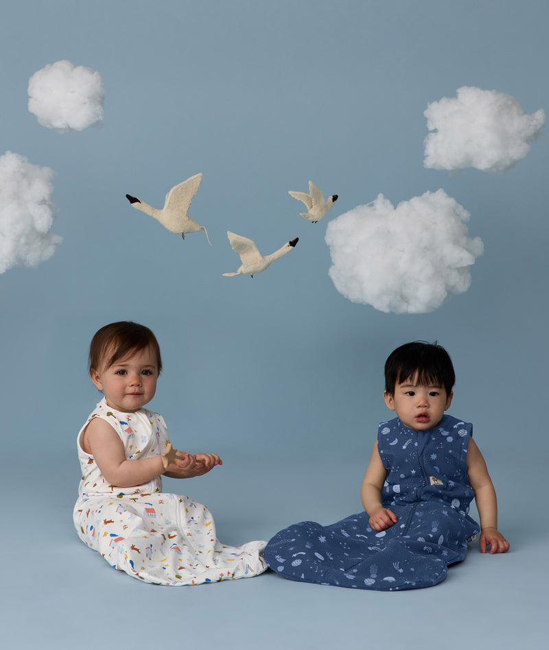 Two children sitting wearing an ergoPouch Sleeping Bag 1.0 TOG Daydream and Starbeam, on a blue background with clouds and birds.