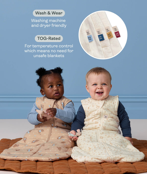 Product infographic featuring two babies sitting in patterned Sleeping Bags on a brown mat, highlighting 