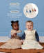 Product infographic featuring two babies sitting in patterned Sleeping Bags on a brown mat, highlighting 