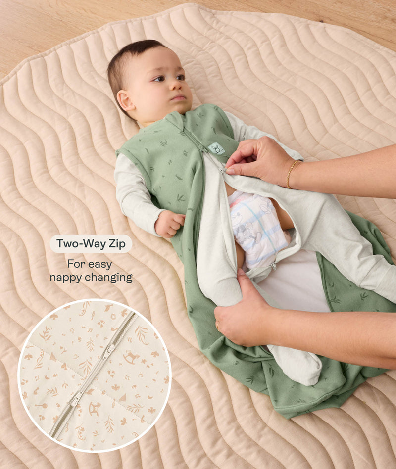 A baby lying down in a cream long sleeve layer with an unzipped green sleeping bag while adult hands hold their feet. Text highlighting 