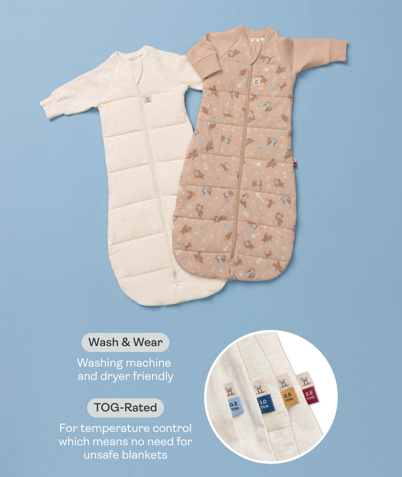 Two 3.5 TOG Sleeping Bags in Oatmeal Marle and Melody, featuring text highlighting wash-and-wear care and TOG ratings for temperature control.
