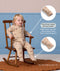 Toddler sitting in a wooden rocking chair wearing a beige patterned Sleep Onesie, with callouts highlighting fold-over hand and foot cuffs designed for warmth and scratch protection.