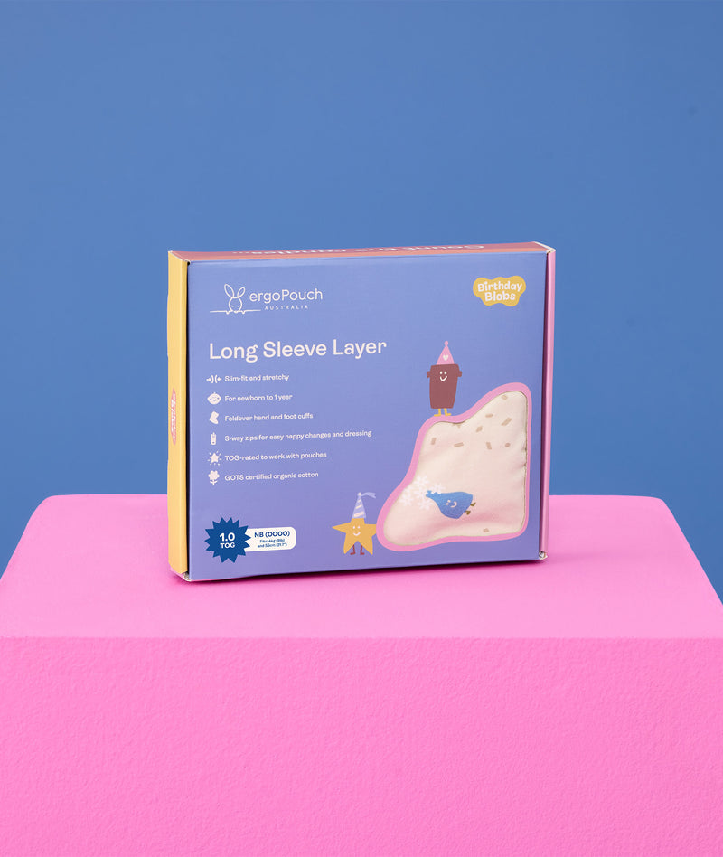 Packaging of the ergoPouch Long Sleeve Layer 1.0 TOG Birthday Blobs