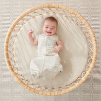 Baby wearing an ergoPouch Cocoon Swaddle Bag 1.0 TOG Fawn, with arms out