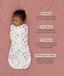 Benefits of a cocoon swaddle mimicing the wound, featuring a ergoPouch Cocoon Swaddle Bag 1.0 TOG Daydream