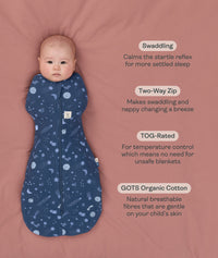 Benefits of a cocoon swaddle to mimic the wound, featuring an ergoPouch Cocoon Swaddle Bag 1.0 TOG Starbeam