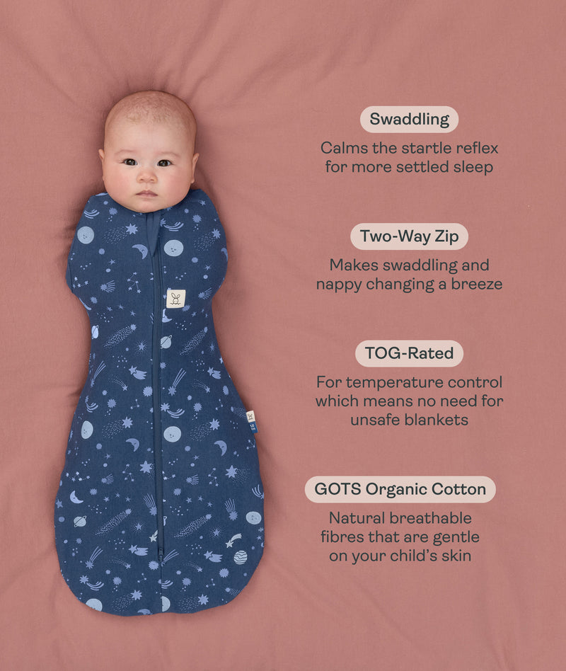 Benefits of a cocoon swaddle to mimic the wound, featuring an ergoPouch Cocoon Swaddle Bag 1.0 TOG Starbeam