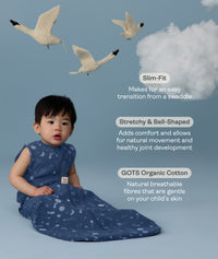 Infant wearing a ergoPouch Sleeping Bag 1.0 TOG Starbeam with text about its features on a blue background with swans and clouds.