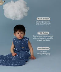 Infant wearing a ergoPouch Sleeping Bag 1.0 TOG Starbeam with text about its features on a blue background with swans and clouds.