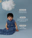 Infant wearing a ergoPouch Sleeping Bag 1.0 TOG Starbeam with text about its features on a blue background with swans and clouds.