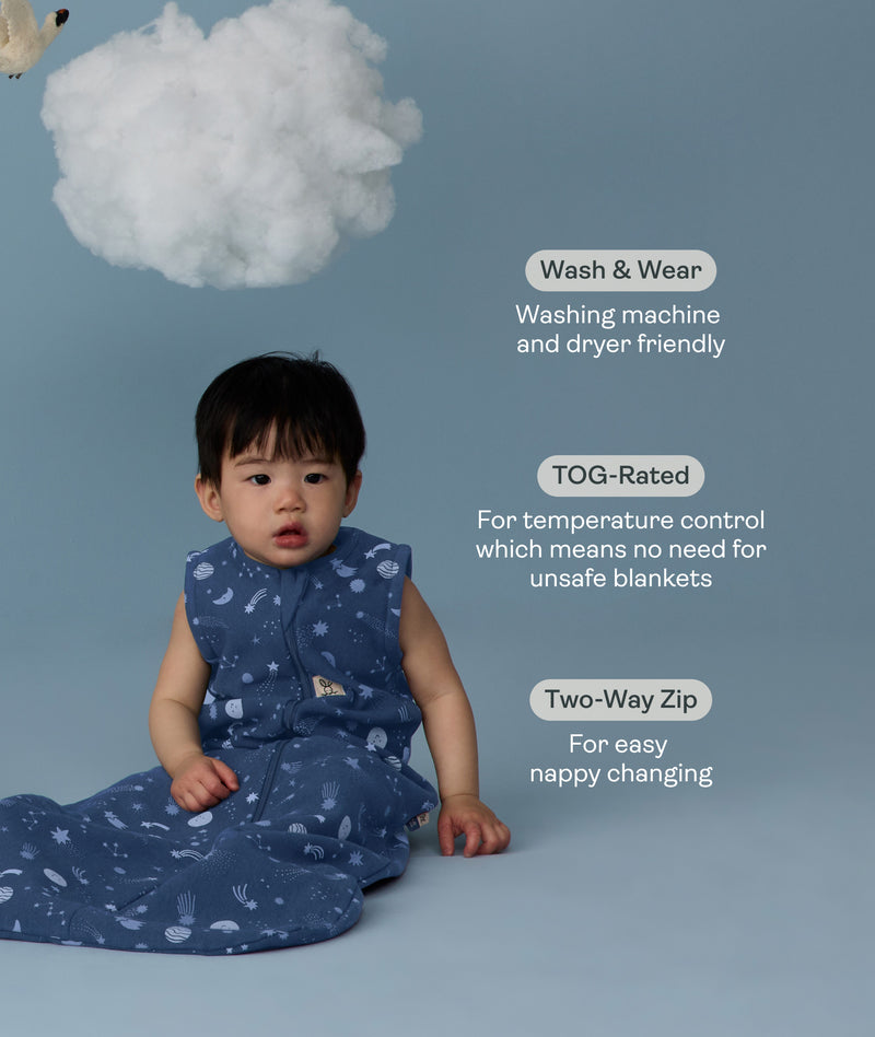 Infant wearing a ergoPouch Sleeping Bag 1.0 TOG Starbeam with text about its features on a blue background with swans and clouds.