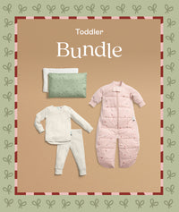 The ergoPouch Toddler bundle includes a Sleep Suit Bag 2.5 TOG, Long Sleeve Pyjamas 1.0 TOG and an Organic Toddler Pillow & Case