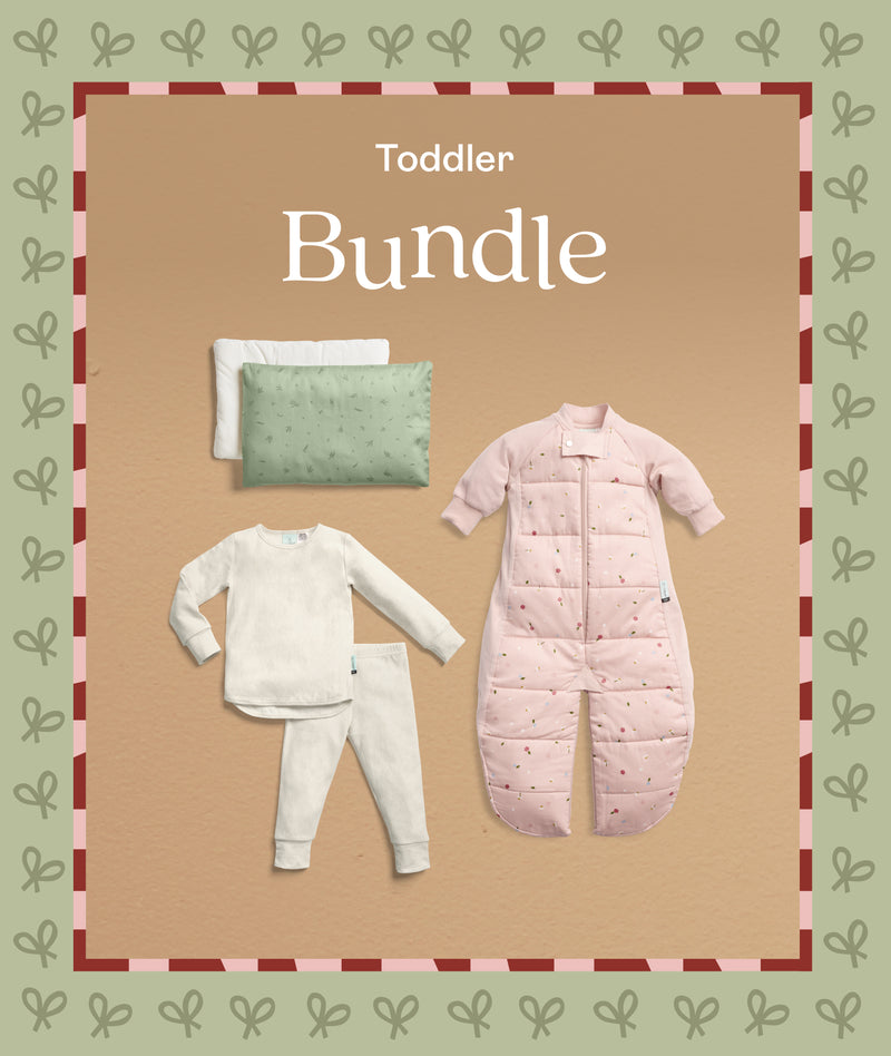 The ergoPouch Toddler bundle includes a Sleep Suit Bag 2.5 TOG, Long Sleeve Pyjamas 1.0 TOG and an Organic Toddler Pillow & Case