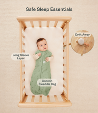 Our safe sleep essential list includes a Long Sleeve Layer, Cocoon Swaddle Bag and Drift Away White Noise Machine